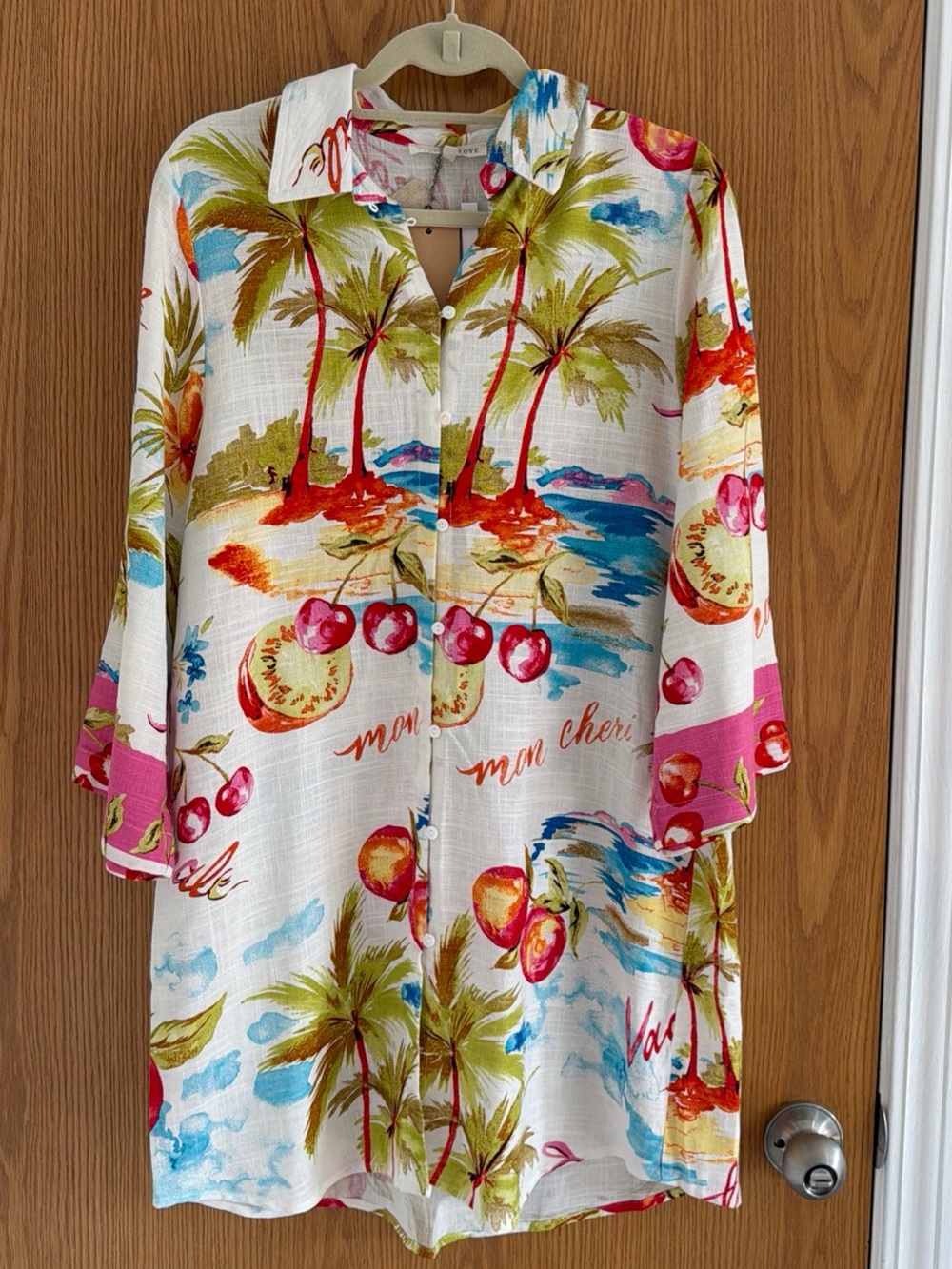 New With Tags Label Of Love Cherry Fruit Palms Linen Blend Shirt Dress Women’s M